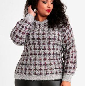Ashley Stewart Glittery Silver Plaid Sweater NWT